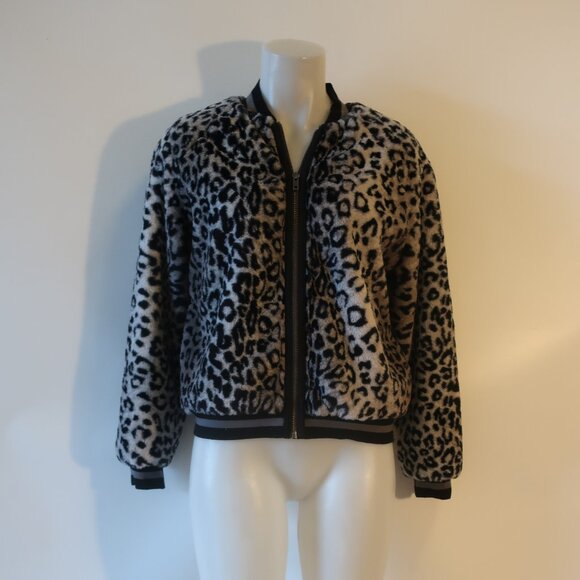NWT Womens Lavender Brown Gray Black Animal Print Faux Fur Bomber Jacket M * - Picture 6 of 11